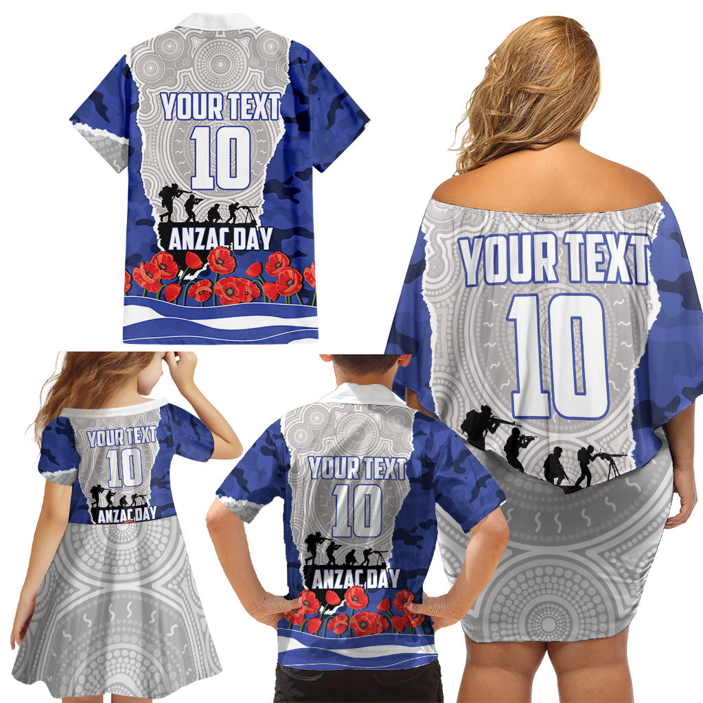 Personalized Bulldogs ANZAC Tribute Family Matching Off Shoulder Short Dress and Hawaiian Shirt Poppy Field Soldier Silhouette Aboriginal Rugby Mascot