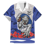 Personalized Bulldogs ANZAC Tribute Family Matching Off Shoulder Short Dress and Hawaiian Shirt Poppy Field Soldier Silhouette Aboriginal Rugby Mascot
