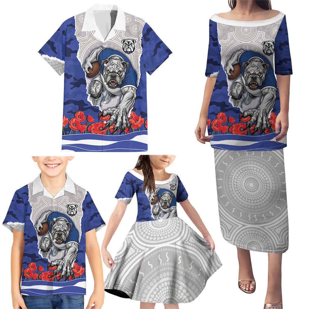 Personalized Bulldogs ANZAC Tribute Family Matching Puletasi and Hawaiian Shirt Poppy Field Soldier Silhouette Aboriginal Rugby Mascot