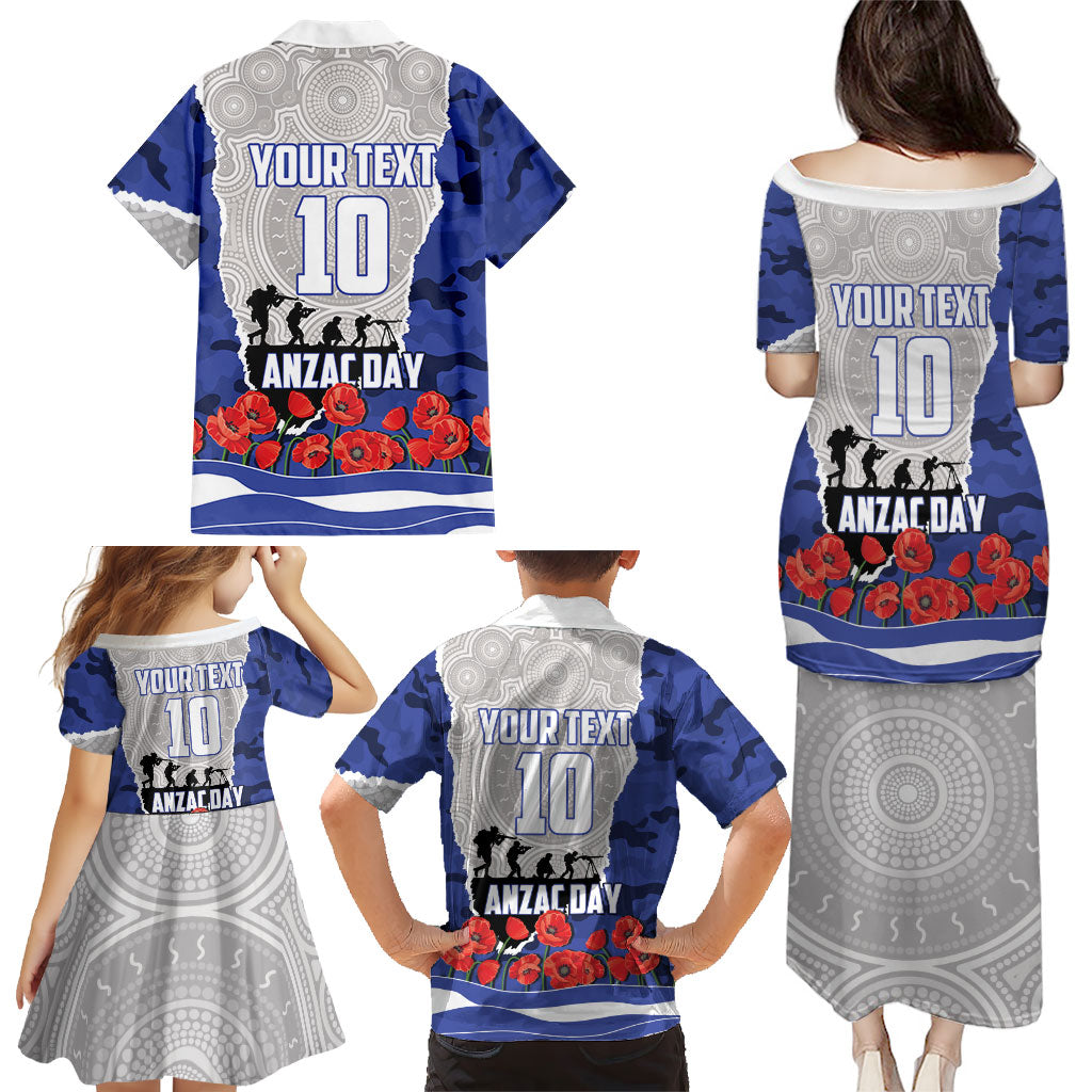 Personalized Bulldogs ANZAC Tribute Family Matching Puletasi and Hawaiian Shirt Poppy Field Soldier Silhouette Aboriginal Rugby Mascot