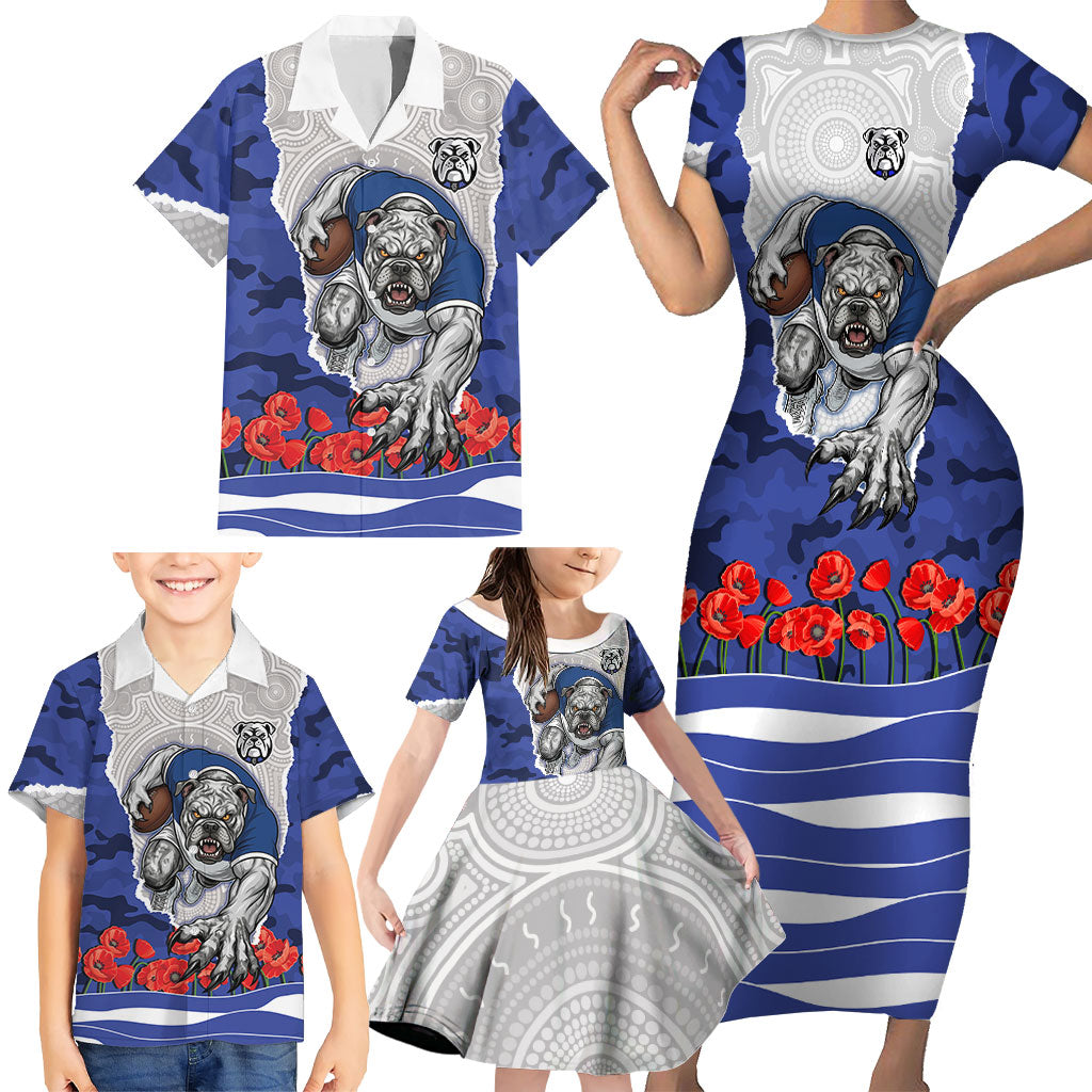 Personalized Bulldogs ANZAC Tribute Family Matching Short Sleeve Bodycon Dress and Hawaiian Shirt Poppy Field Soldier Silhouette Aboriginal Rugby Mascot