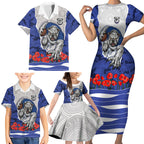 Personalized Bulldogs ANZAC Tribute Family Matching Short Sleeve Bodycon Dress and Hawaiian Shirt Poppy Field Soldier Silhouette Aboriginal Rugby Mascot