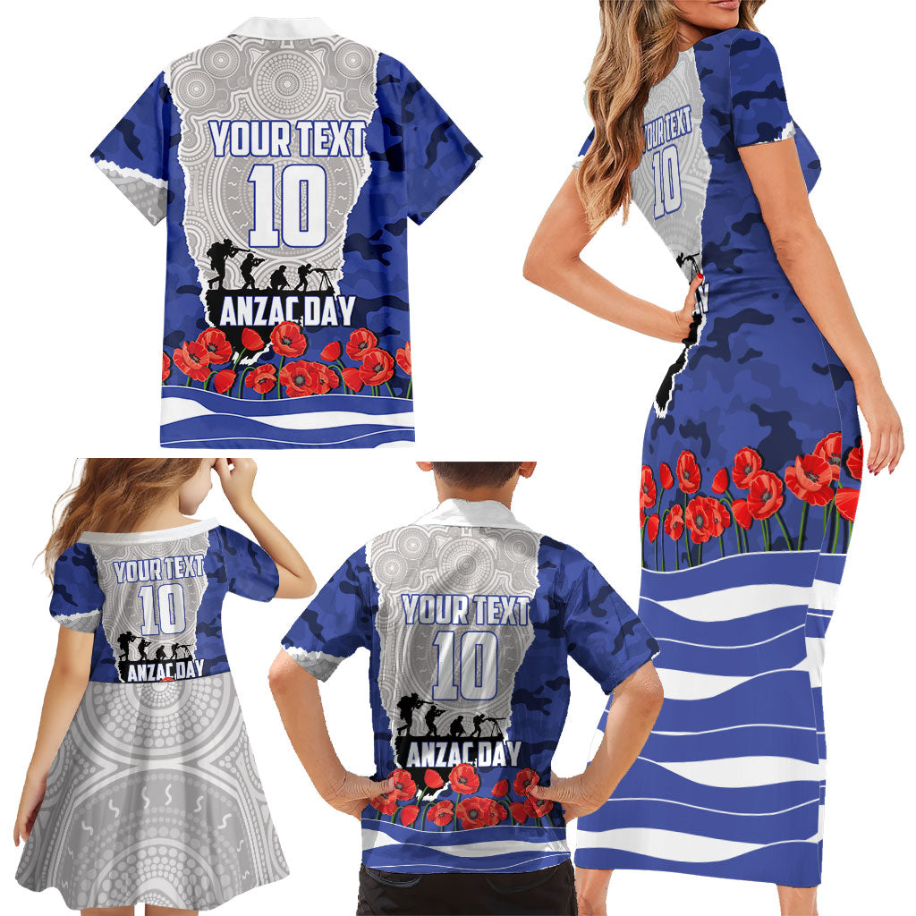 Personalized Bulldogs ANZAC Tribute Family Matching Short Sleeve Bodycon Dress and Hawaiian Shirt Poppy Field Soldier Silhouette Aboriginal Rugby Mascot