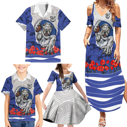 Personalized Bulldogs ANZAC Tribute Family Matching Summer Maxi Dress and Hawaiian Shirt Poppy Field Soldier Silhouette Aboriginal Rugby Mascot