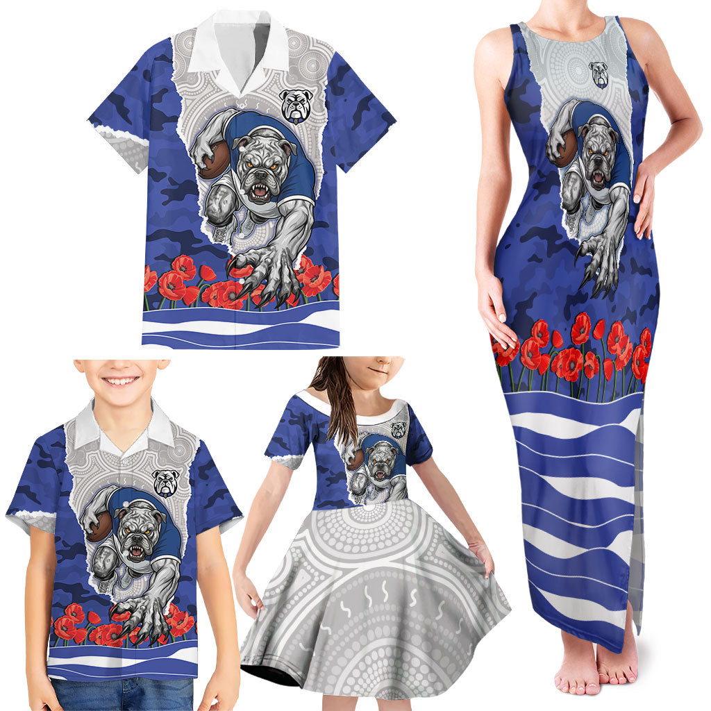 Personalized Bulldogs ANZAC Tribute Family Matching Tank Maxi Dress and Hawaiian Shirt Poppy Field Soldier Silhouette Aboriginal Rugby Mascot
