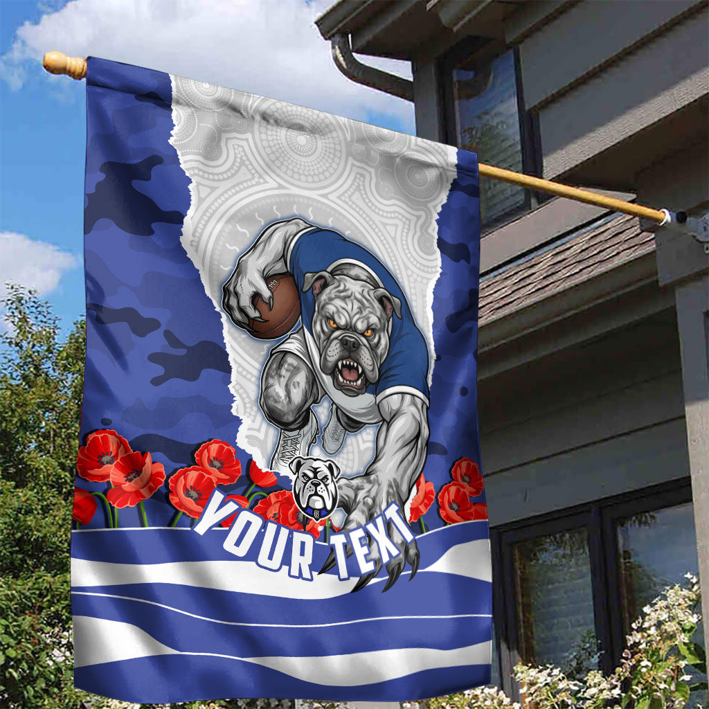 Personalized Bulldogs ANZAC Tribute Garden Flag Poppy Field Soldier Silhouette Aboriginal Rugby Mascot
