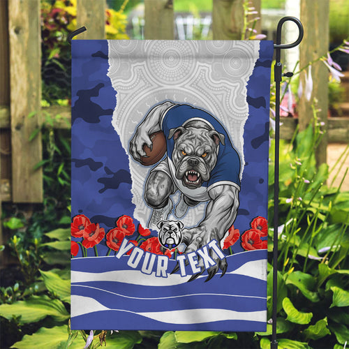 Personalized Bulldogs ANZAC Tribute Garden Flag Poppy Field Soldier Silhouette Aboriginal Rugby Mascot