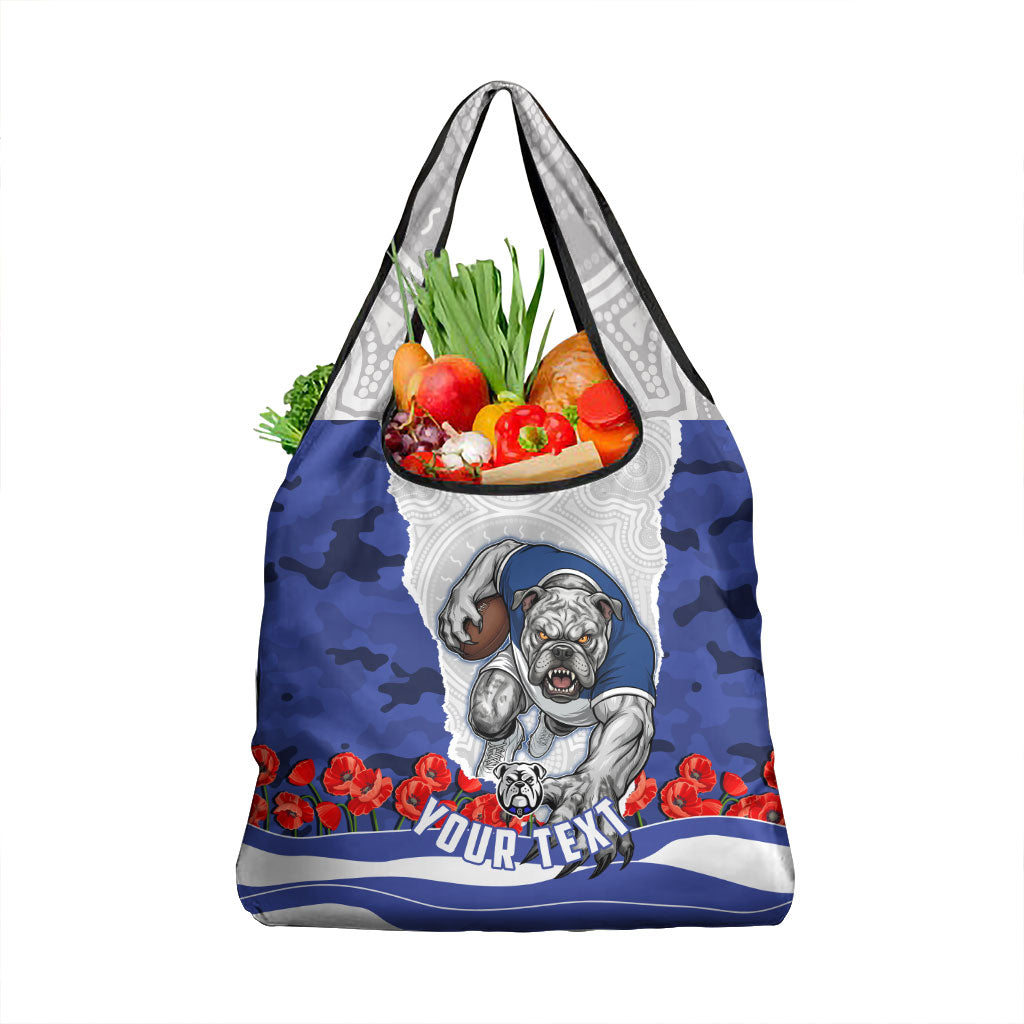 Personalized Bulldogs ANZAC Tribute Grocery Bag Poppy Field Soldier Silhouette Aboriginal Rugby Mascot