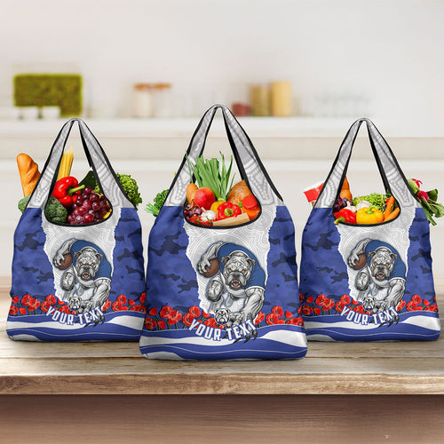 Personalized Bulldogs ANZAC Tribute Grocery Bag Poppy Field Soldier Silhouette Aboriginal Rugby Mascot