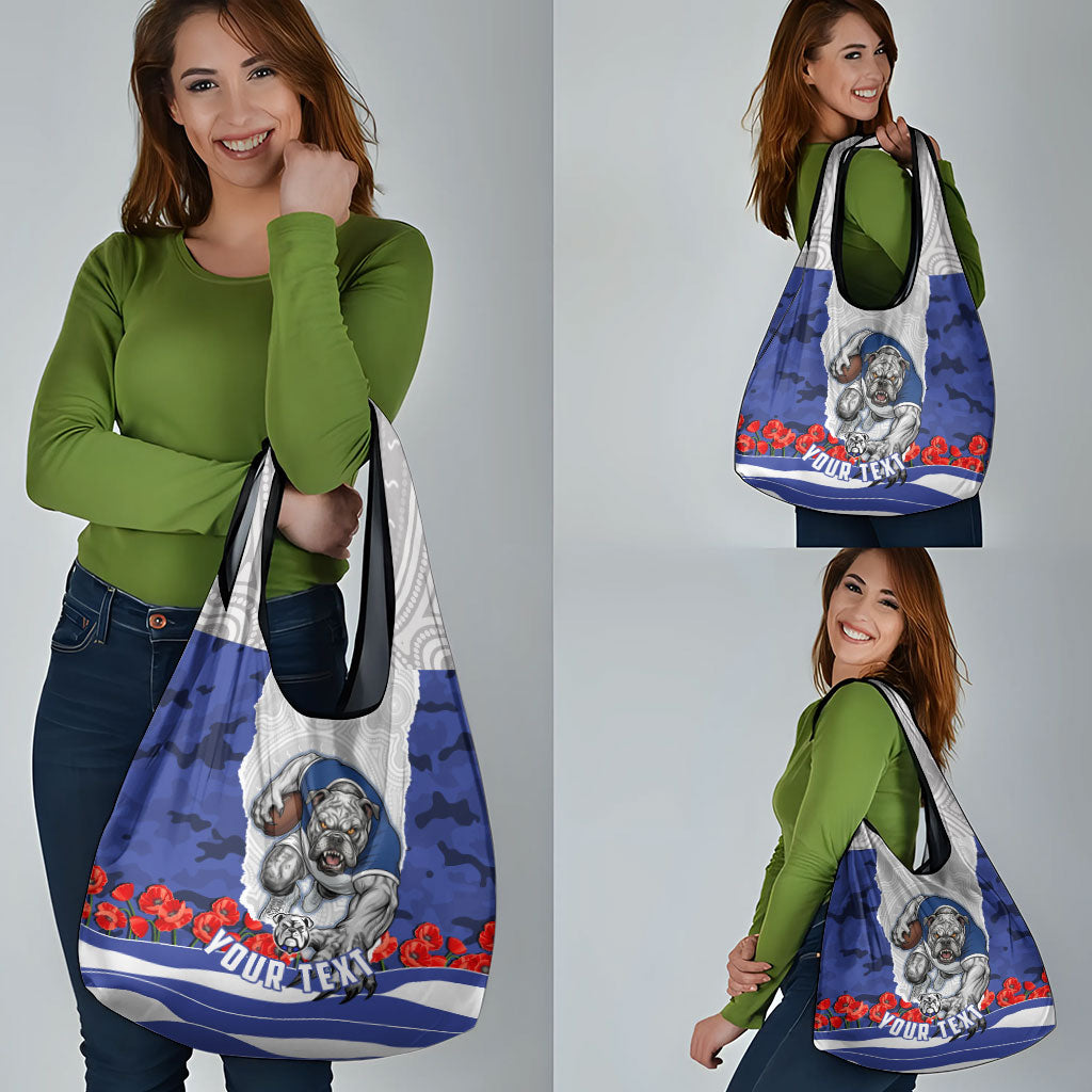 Personalized Bulldogs ANZAC Tribute Grocery Bag Poppy Field Soldier Silhouette Aboriginal Rugby Mascot