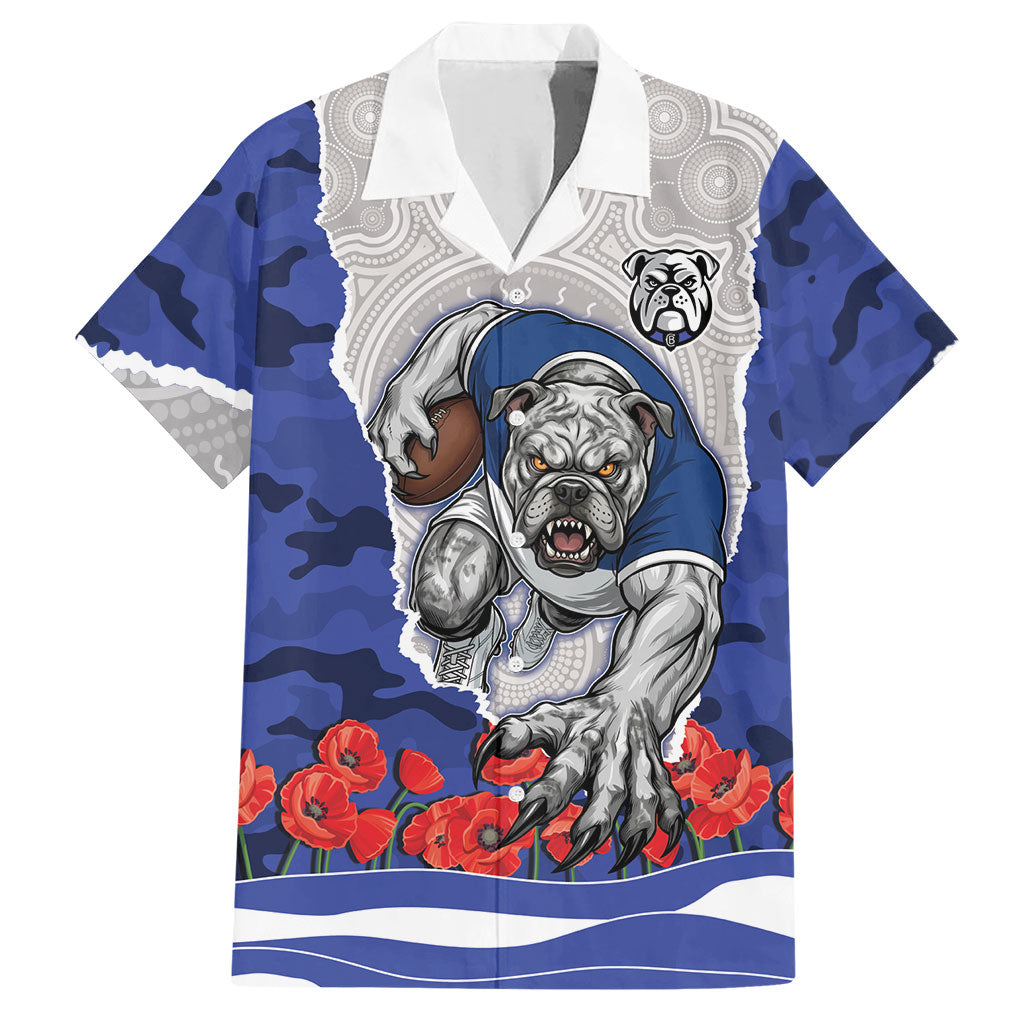 Personalized Bulldogs ANZAC Tribute Hawaiian Shirt Poppy Field Soldier Silhouette Aboriginal Rugby Mascot