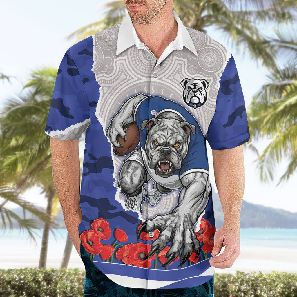 Personalized Bulldogs ANZAC Tribute Hawaiian Shirt Poppy Field Soldier Silhouette Aboriginal Rugby Mascot