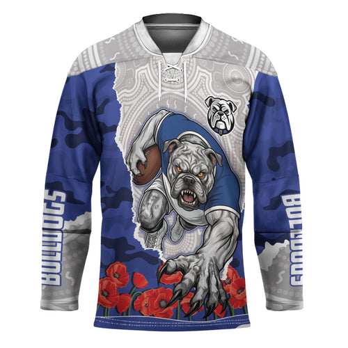 Personalized Bulldogs ANZAC Tribute Hockey Jersey Poppy Field Soldier Silhouette Aboriginal Rugby Mascot