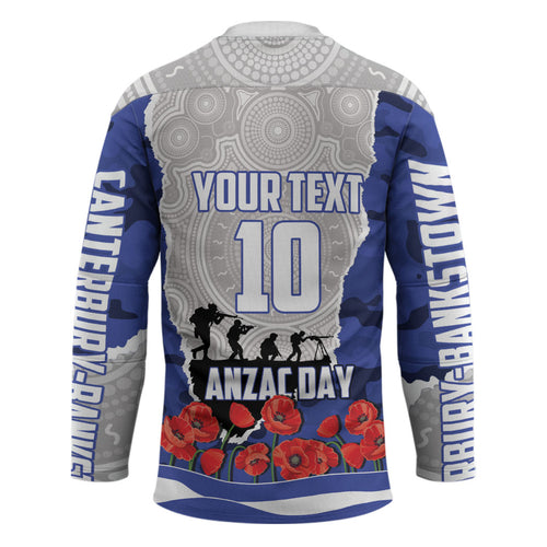 Personalized Bulldogs ANZAC Tribute Hockey Jersey Poppy Field Soldier Silhouette Aboriginal Rugby Mascot