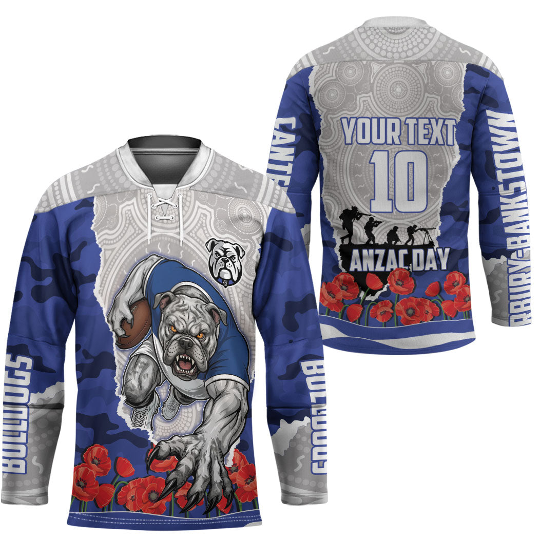 Personalized Bulldogs ANZAC Tribute Hockey Jersey Poppy Field Soldier Silhouette Aboriginal Rugby Mascot