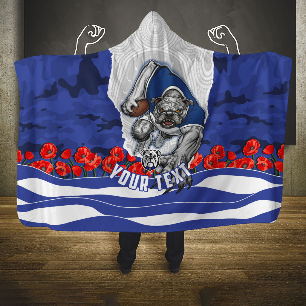 Personalized Bulldogs ANZAC Tribute Hooded Blanket Poppy Field Soldier Silhouette Aboriginal Rugby Mascot