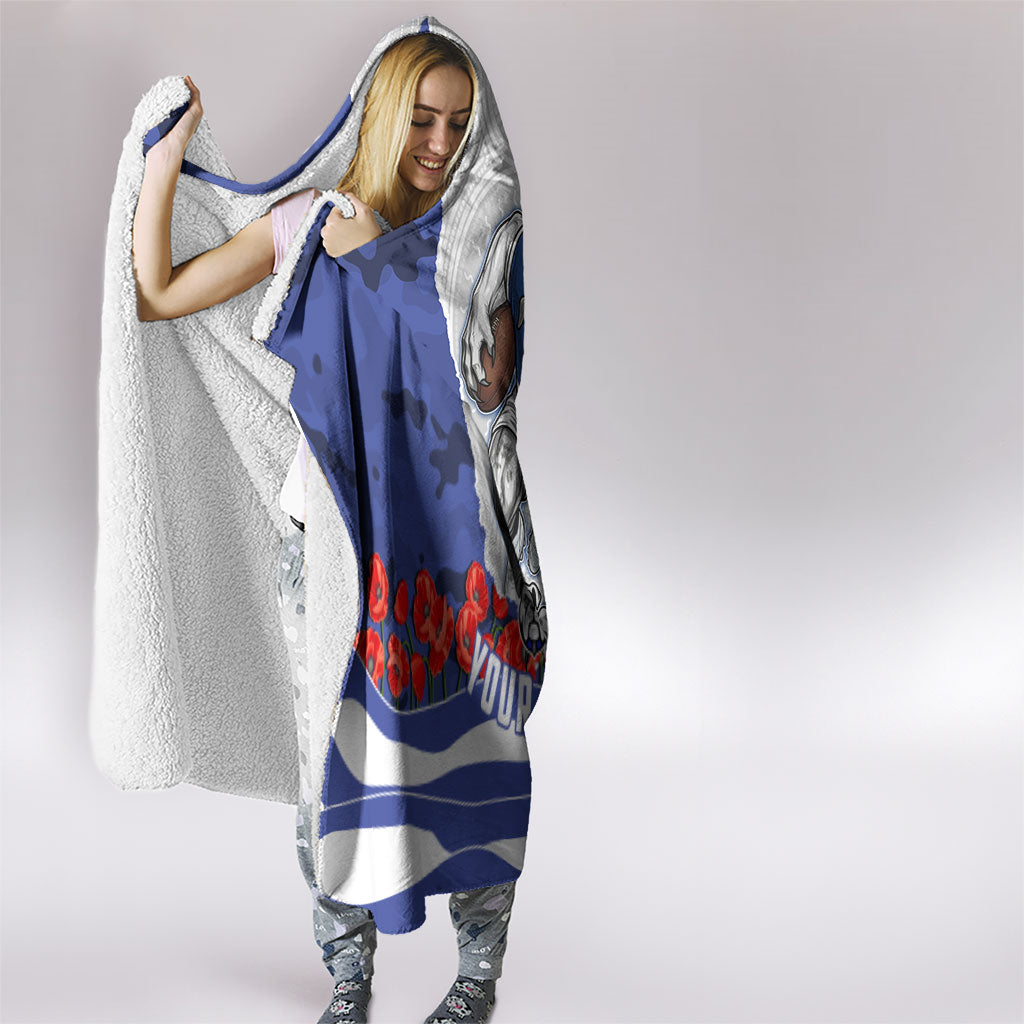 Personalized Bulldogs ANZAC Tribute Hooded Blanket Poppy Field Soldier Silhouette Aboriginal Rugby Mascot