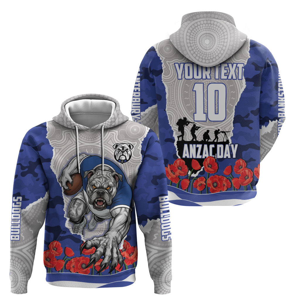 Personalized Bulldogs ANZAC Tribute Hoodie Poppy Field Soldier Silhouette Aboriginal Rugby Mascot