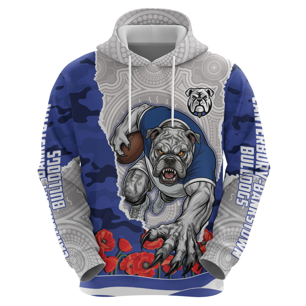 Personalized Bulldogs ANZAC Tribute Hoodie Poppy Field Soldier Silhouette Aboriginal Rugby Mascot