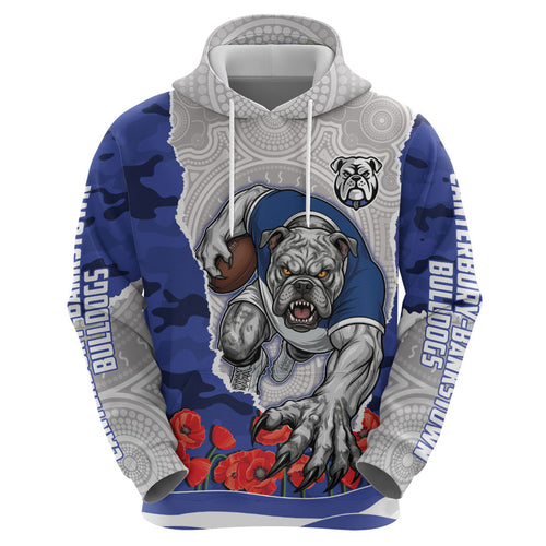 Personalized Bulldogs ANZAC Tribute Hoodie Poppy Field Soldier Silhouette Aboriginal Rugby Mascot