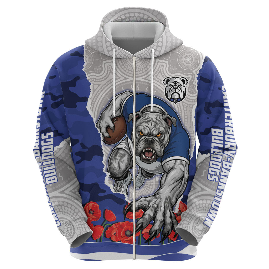 Personalized Bulldogs ANZAC Tribute Hoodie Poppy Field Soldier Silhouette Aboriginal Rugby Mascot