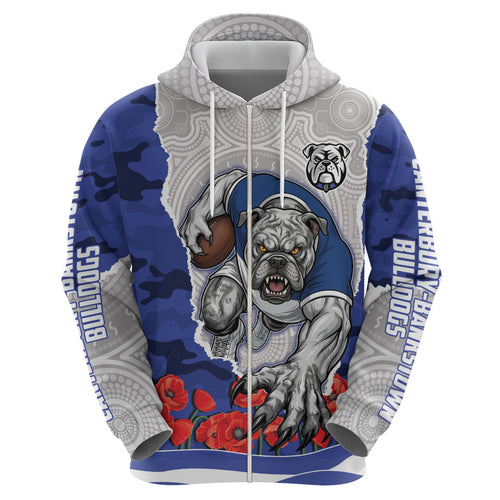 Personalized Bulldogs ANZAC Tribute Hoodie Poppy Field Soldier Silhouette Aboriginal Rugby Mascot