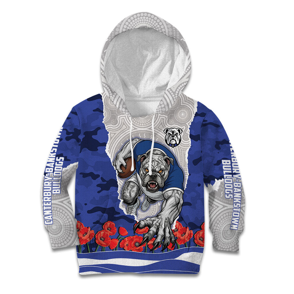 Personalized Bulldogs ANZAC Tribute Kid Hoodie Poppy Field Soldier Silhouette Aboriginal Rugby Mascot