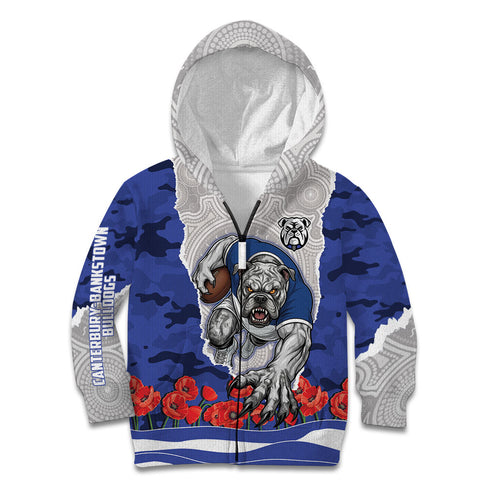 Personalized Bulldogs ANZAC Tribute Kid Hoodie Poppy Field Soldier Silhouette Aboriginal Rugby Mascot