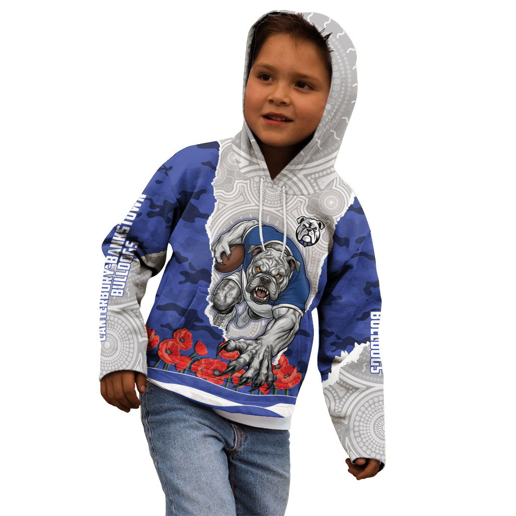 Personalized Bulldogs ANZAC Tribute Kid Hoodie Poppy Field Soldier Silhouette Aboriginal Rugby Mascot