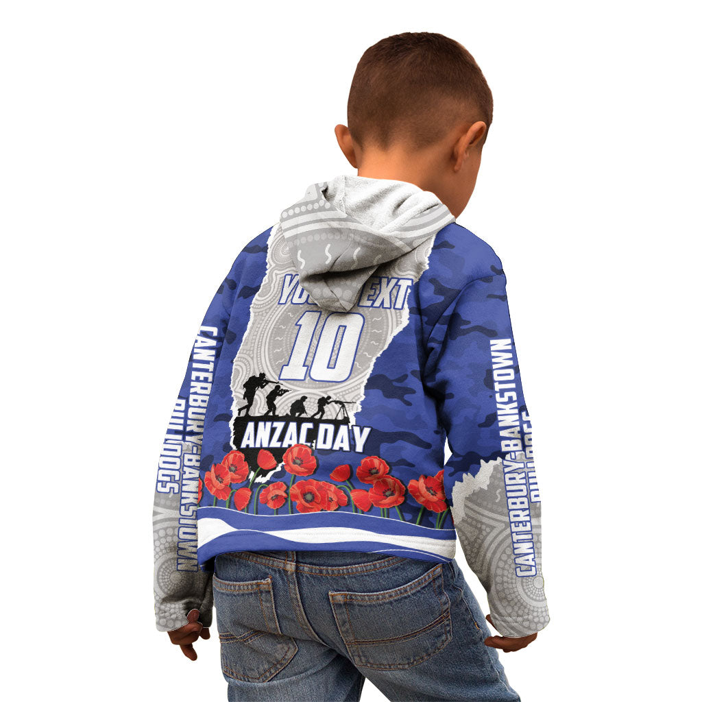 Personalized Bulldogs ANZAC Tribute Kid Hoodie Poppy Field Soldier Silhouette Aboriginal Rugby Mascot