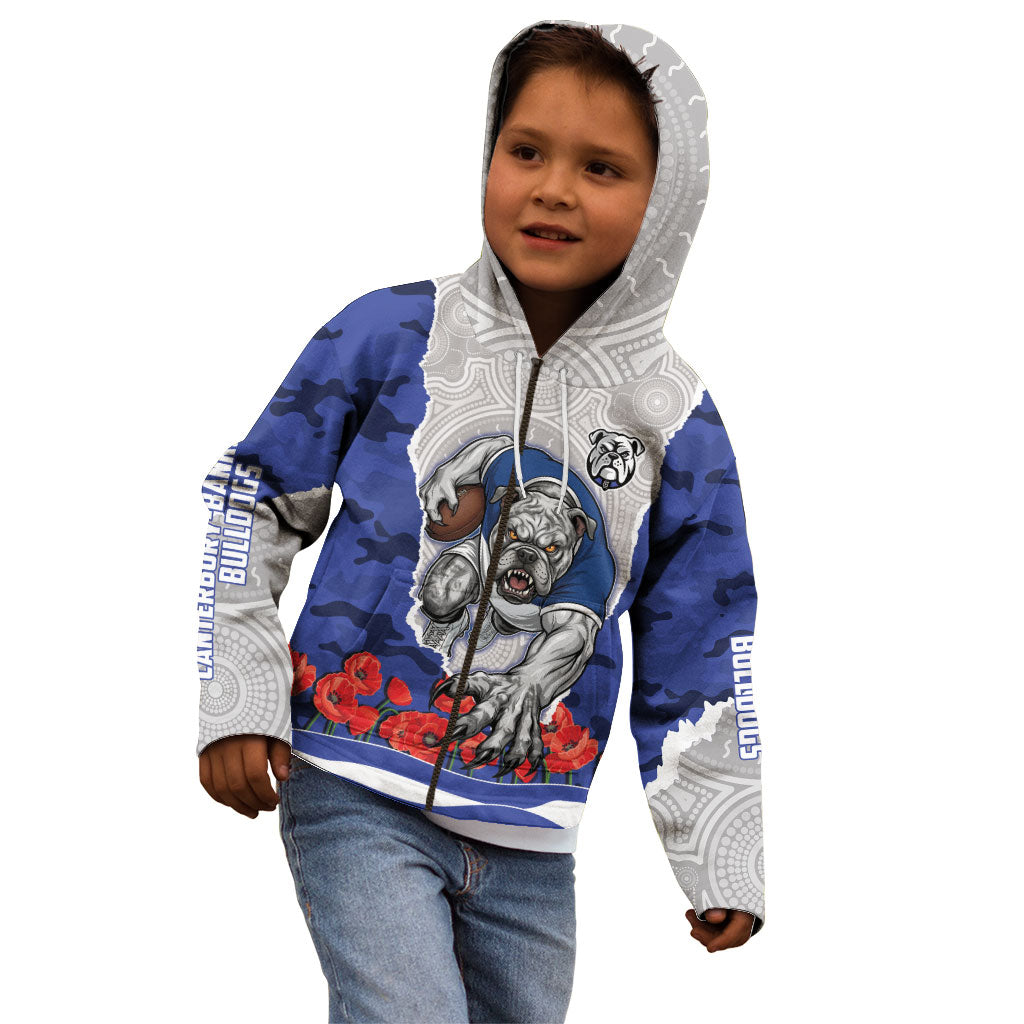 Personalized Bulldogs ANZAC Tribute Kid Hoodie Poppy Field Soldier Silhouette Aboriginal Rugby Mascot