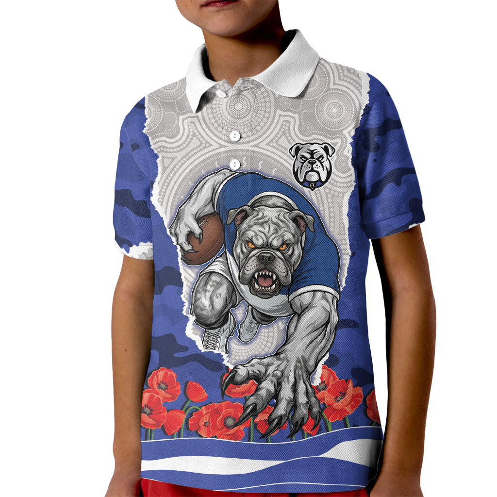 Personalized Bulldogs ANZAC Tribute Kid Polo Shirt Poppy Field Soldier Silhouette Aboriginal Rugby Mascot