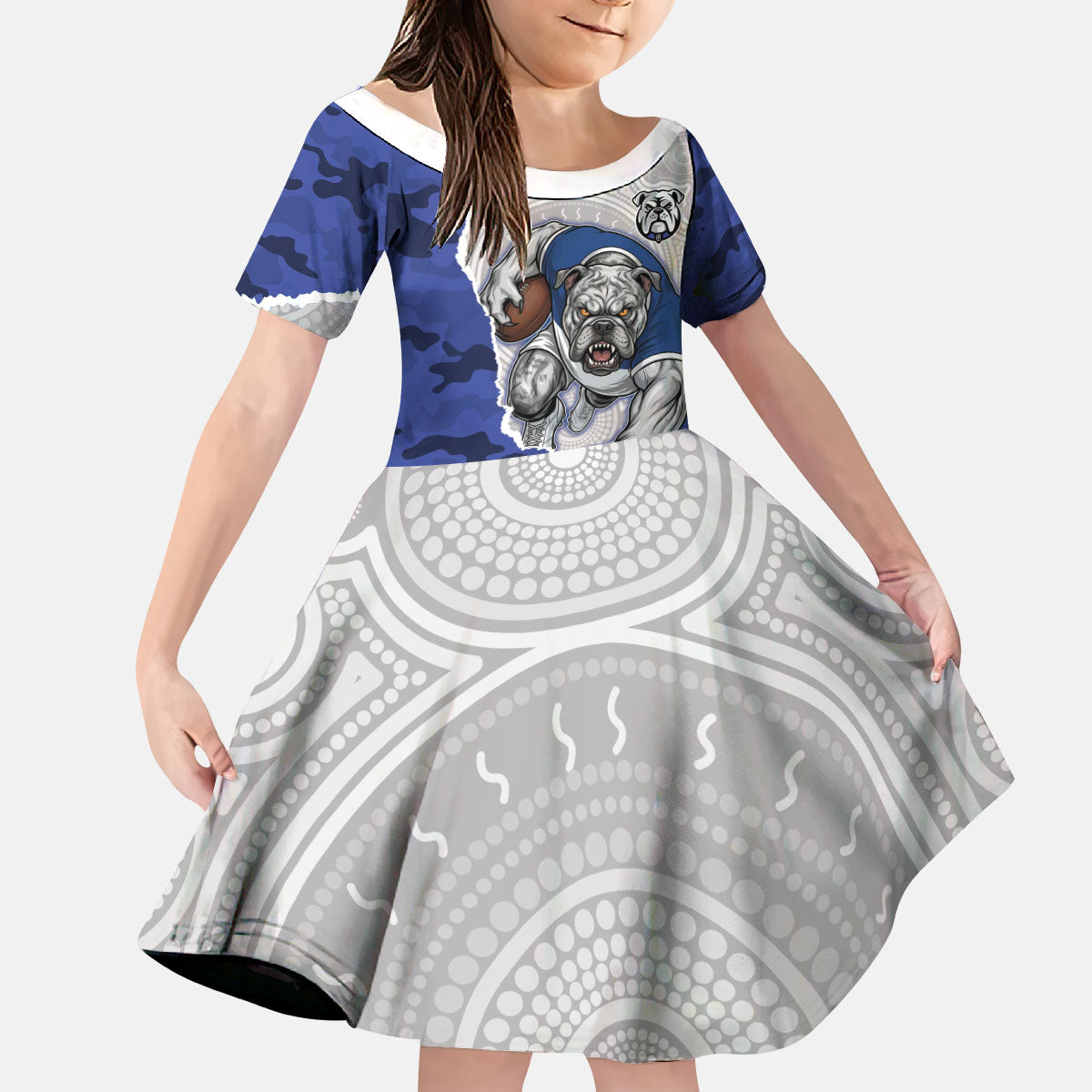 Personalized Bulldogs ANZAC Tribute Kid Short Sleeve Dress Poppy Field Soldier Silhouette Aboriginal Rugby Mascot