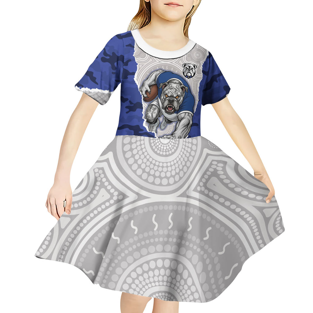 Personalized Bulldogs ANZAC Tribute Kid Short Sleeve Dress Poppy Field Soldier Silhouette Aboriginal Rugby Mascot