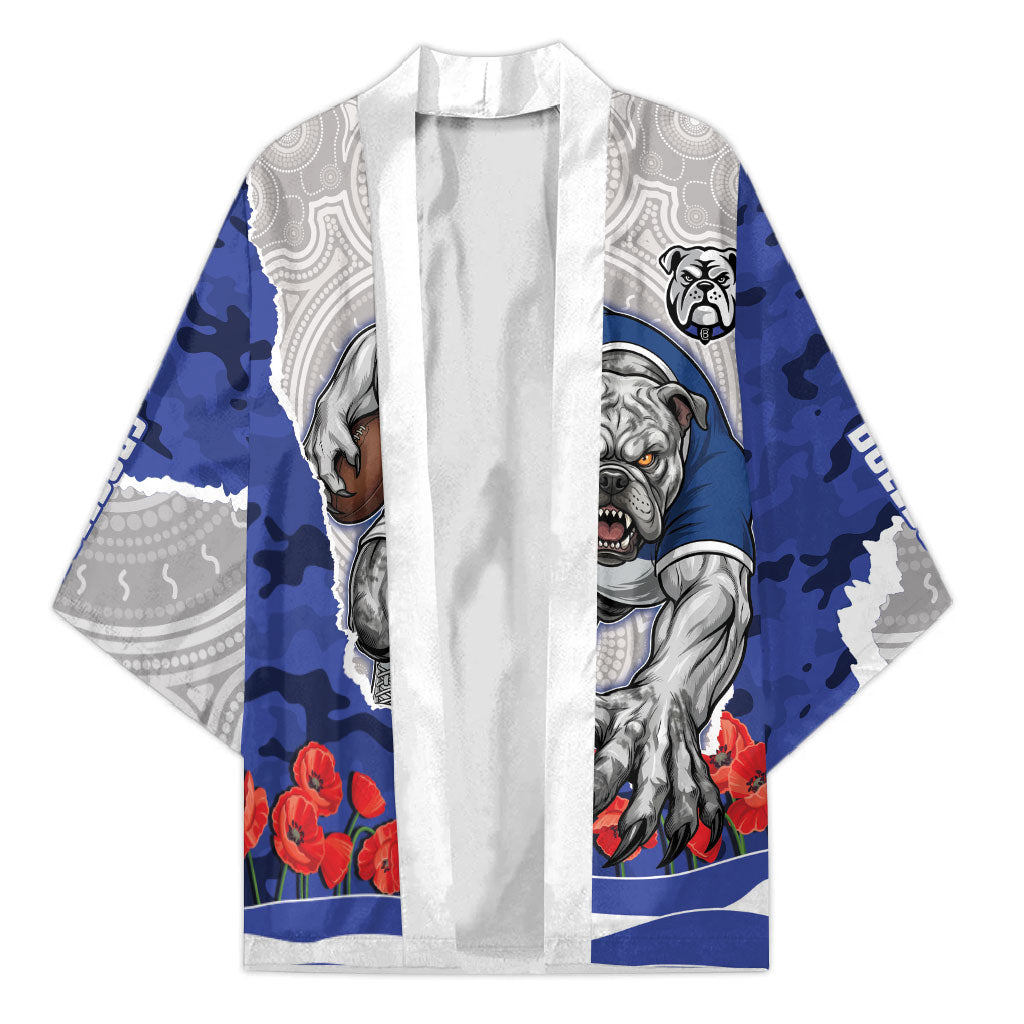 Personalized Bulldogs ANZAC Tribute Kimono Poppy Field Soldier Silhouette Aboriginal Rugby Mascot