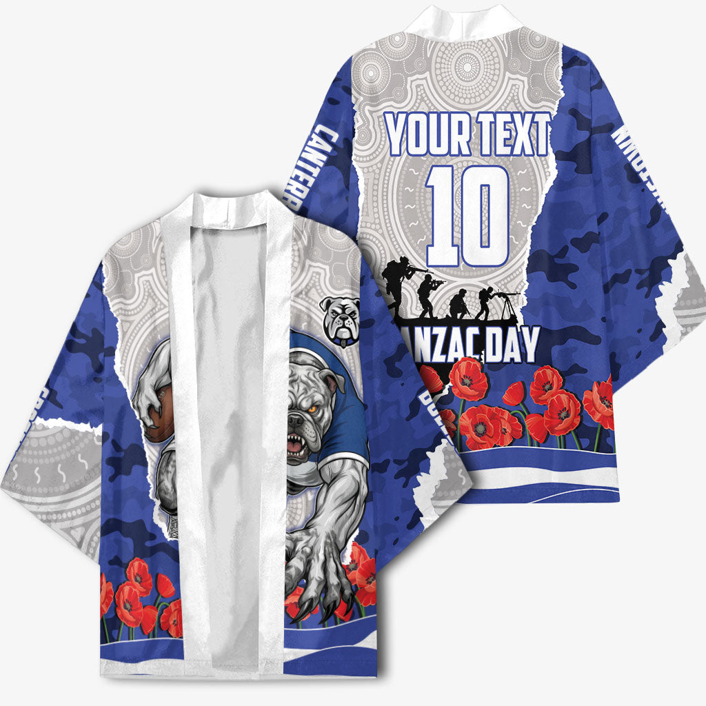 Personalized Bulldogs ANZAC Tribute Kimono Poppy Field Soldier Silhouette Aboriginal Rugby Mascot