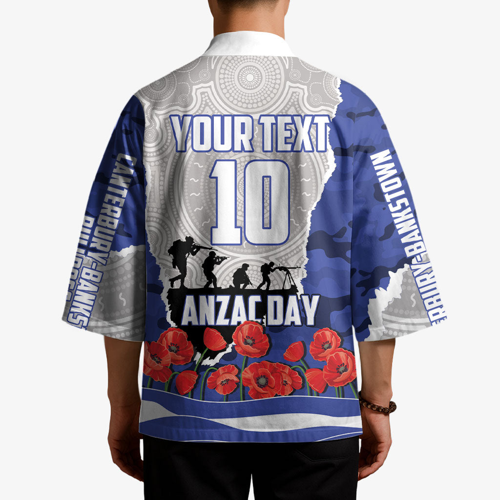 Personalized Bulldogs ANZAC Tribute Kimono Poppy Field Soldier Silhouette Aboriginal Rugby Mascot
