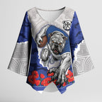 Personalized Bulldogs ANZAC Tribute Kimono Sleeve Blouse Poppy Field Soldier Silhouette Aboriginal Rugby Mascot