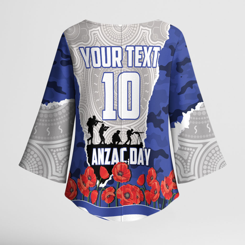 Personalized Bulldogs ANZAC Tribute Kimono Sleeve Blouse Poppy Field Soldier Silhouette Aboriginal Rugby Mascot