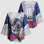 Personalized Bulldogs ANZAC Tribute Kimono Sleeve Blouse Poppy Field Soldier Silhouette Aboriginal Rugby Mascot