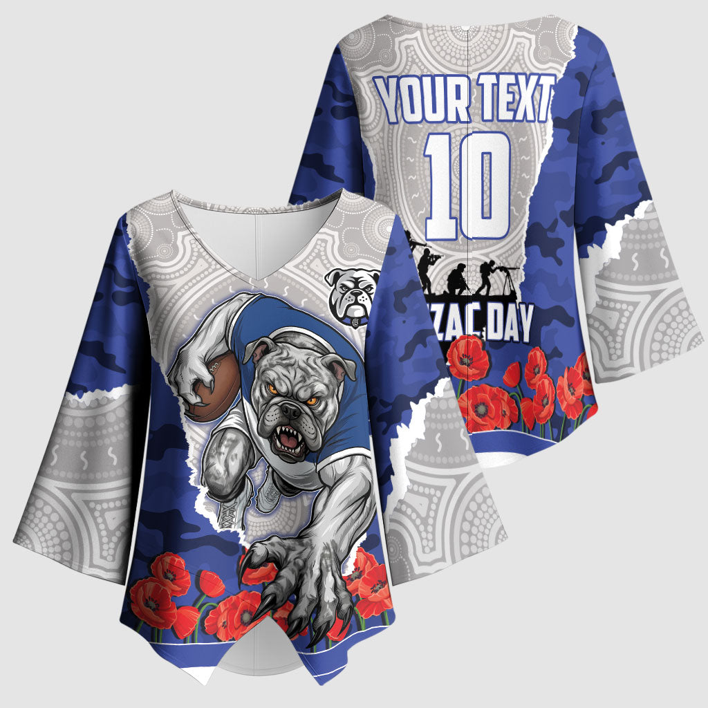 Personalized Bulldogs ANZAC Tribute Kimono Sleeve Blouse Poppy Field Soldier Silhouette Aboriginal Rugby Mascot