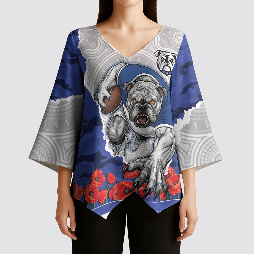 Personalized Bulldogs ANZAC Tribute Kimono Sleeve Blouse Poppy Field Soldier Silhouette Aboriginal Rugby Mascot