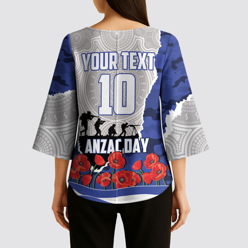 Personalized Bulldogs ANZAC Tribute Kimono Sleeve Blouse Poppy Field Soldier Silhouette Aboriginal Rugby Mascot