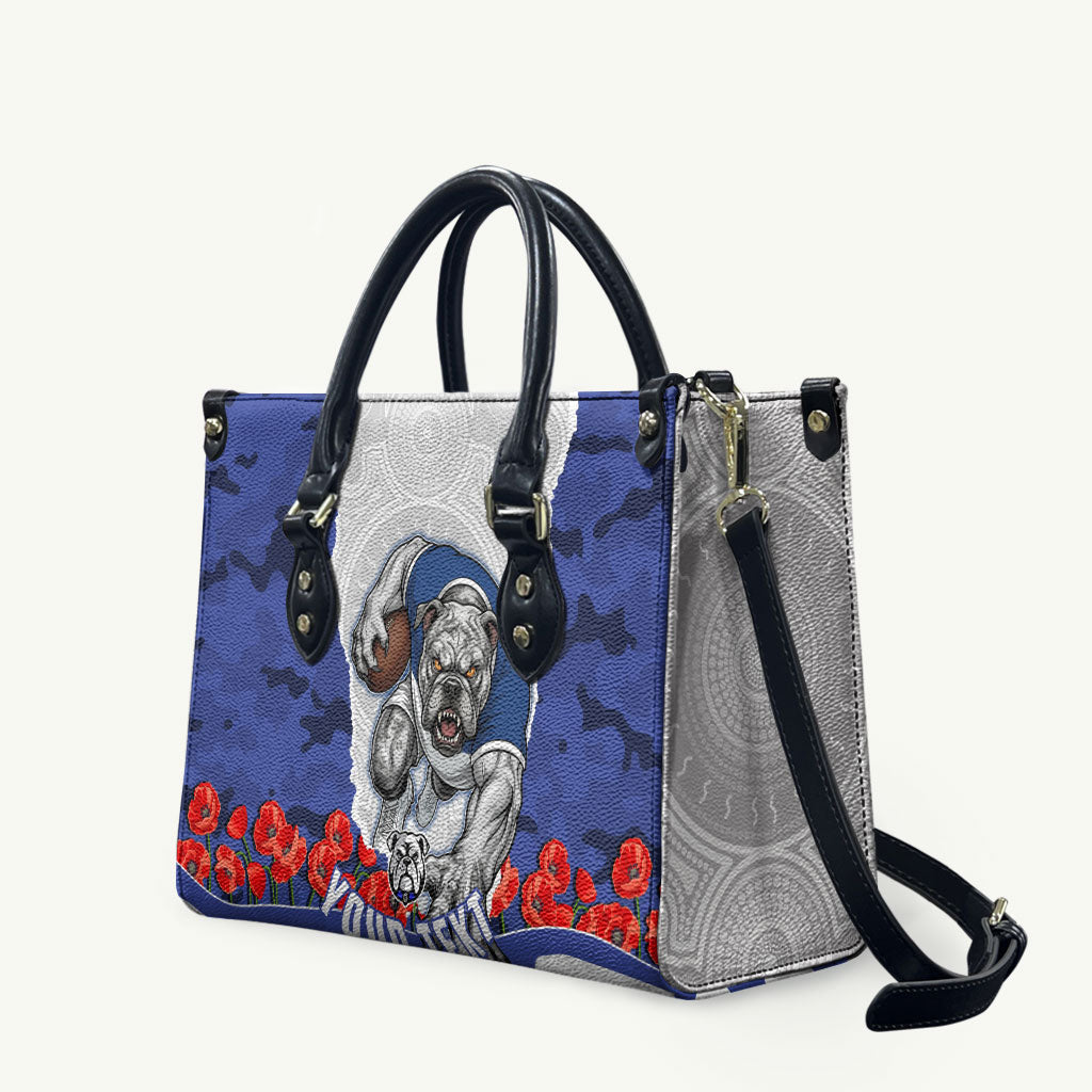 Personalized Bulldogs ANZAC Tribute Leather Bag Poppy Field Soldier Silhouette Aboriginal Rugby Mascot