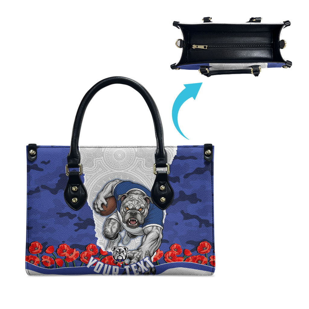 Personalized Bulldogs ANZAC Tribute Leather Bag Poppy Field Soldier Silhouette Aboriginal Rugby Mascot