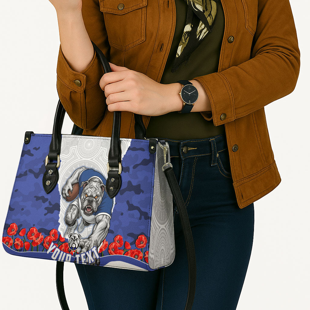 Personalized Bulldogs ANZAC Tribute Leather Bag Poppy Field Soldier Silhouette Aboriginal Rugby Mascot