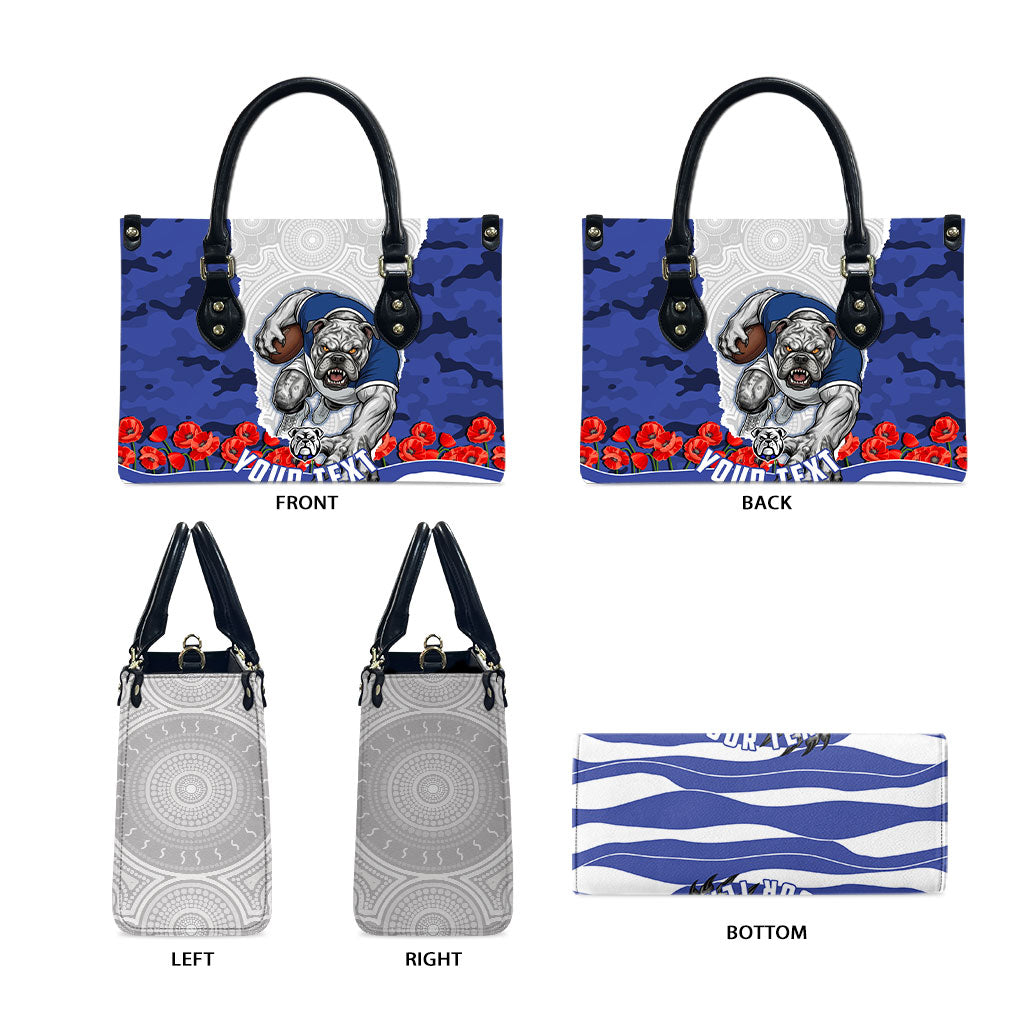 Personalized Bulldogs ANZAC Tribute Leather Bag Poppy Field Soldier Silhouette Aboriginal Rugby Mascot