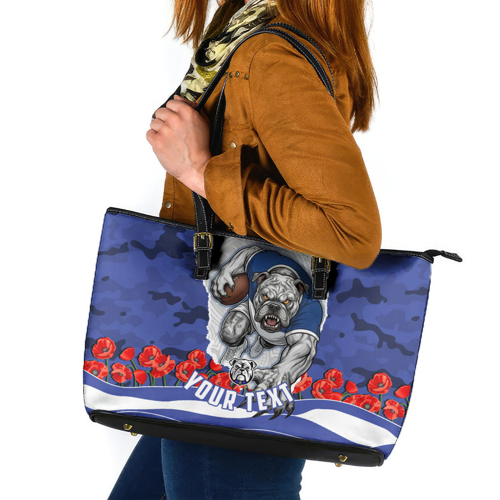 Personalized Bulldogs ANZAC Tribute Leather Tote Bag Poppy Field Soldier Silhouette Aboriginal Rugby Mascot