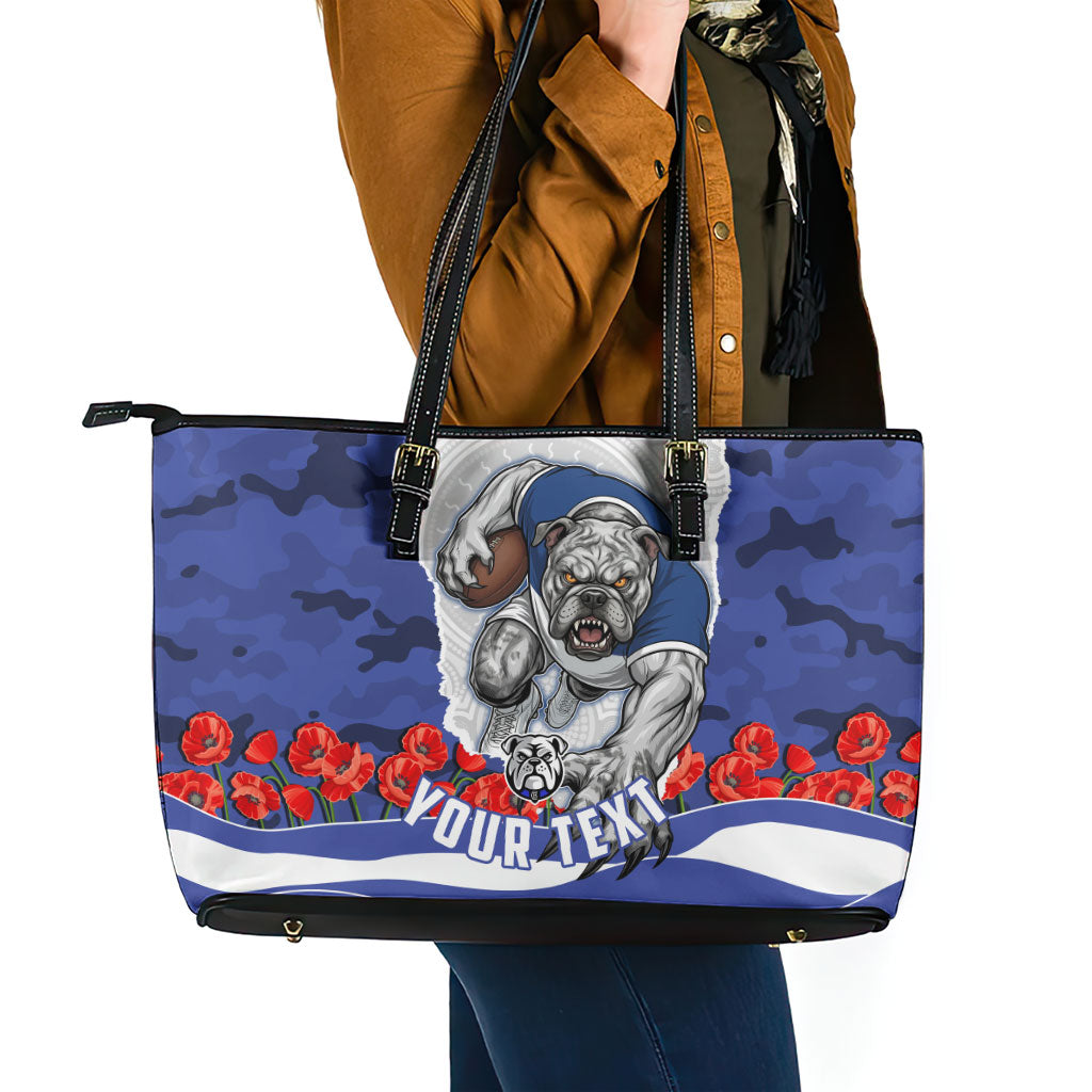 Personalized Bulldogs ANZAC Tribute Leather Tote Bag Poppy Field Soldier Silhouette Aboriginal Rugby Mascot