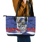 Personalized Bulldogs ANZAC Tribute Leather Tote Bag Poppy Field Soldier Silhouette Aboriginal Rugby Mascot